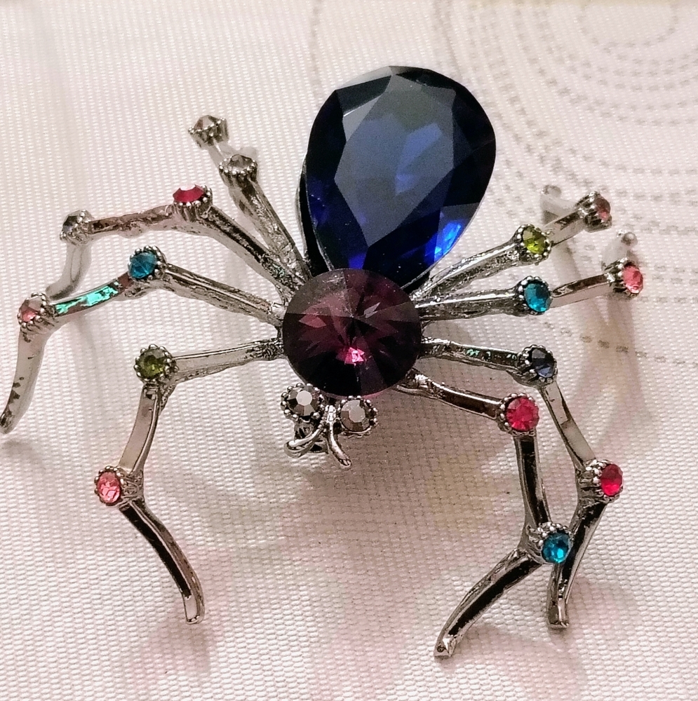 Colorful Gemstone Spider Brooch - Great for Halloween